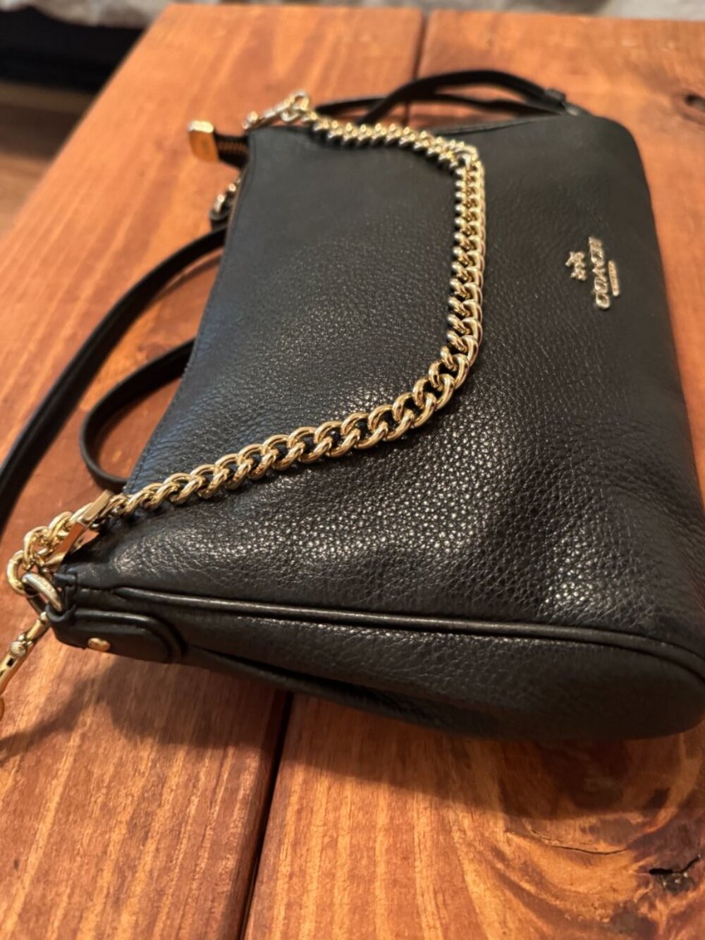 Coach Black Pebbled Leather Crossbody Gold Chain Strap Classic Shoulder Purse - Picture 11 of 15